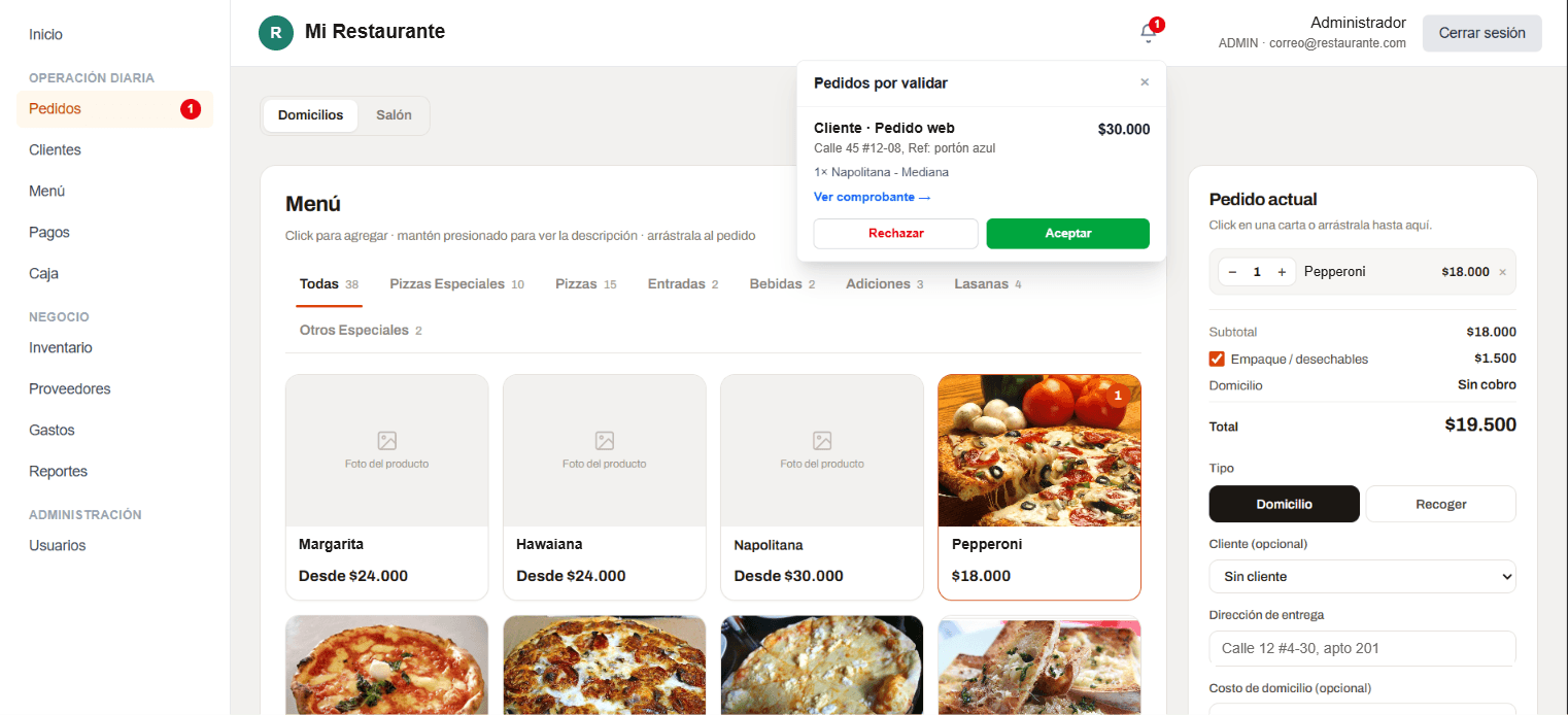 Panel de pedidos de FoodOne